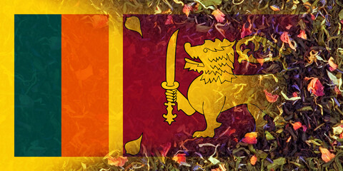 Flag of Sri Lanka (Democratic Socialist Republic of Sri Lanka) mixed with the leaves of Ceylon tea