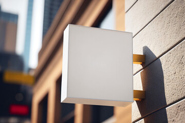 Blank square white signboard on the wall outdoor, mock up for logo design, brand presentation for companies, shops.
