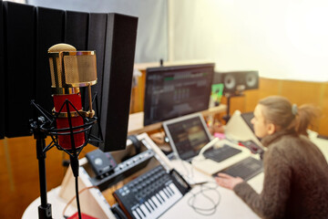 Professional microphone in a recording studio