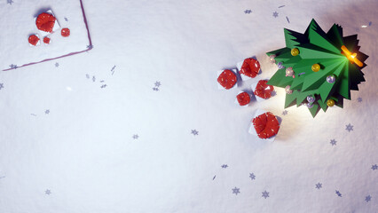 Christmas background with chrismas tree and gift box top view. 3d rendering.