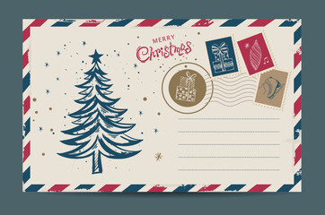 Christmas mail, postcard, hand drawn illustration.