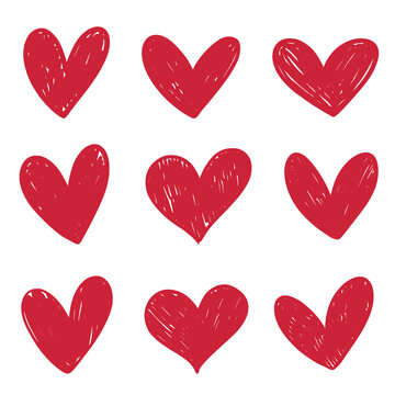 Set of doodle hearts. Hand drawn of icon love. Elements for Valentine's Day on isolated white background.