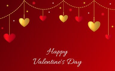Naklejka premium Happy Valentine's Day. Red background with garland of gold and red hearts. Design for postcard, invitation, banner. Vector illustration