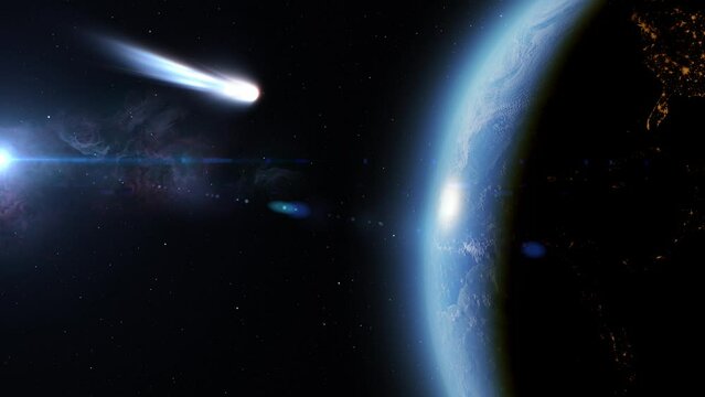 Large white blue comet very close to impact earth, Outer space view
Beautiful shot outer space over planet earth and large comet with stars and sun, 2022
