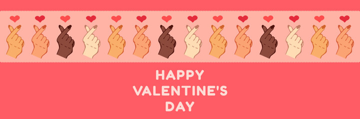 Flat design of Happy Valentine's Day card. Finger heart. The mini heart gesture. Fingers make a heart shape. Multinational symbol of love. A sign of love. Symbol of love. Happy Valentine's Day. Vector