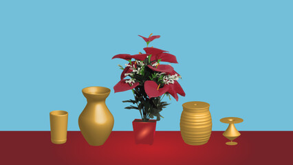 red flowers in vase red and blue background with gold color drinking vessel 
