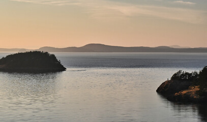 Sunset over San Juan Islands in Bay in Washington