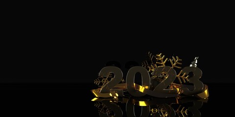 3d 2023 numbers with golden ribbons, confetti, snowflake. Realistic render celebrate party visualization. Merry Christmas, Happy New Year. Xmas Poster, banner, cover card, brochure, flyer, layout
