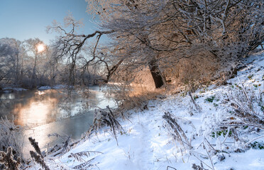 Sunrise over the River Teviot after snow in the Scottish Borders