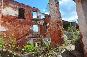 Brick walls of the destroyed Gostiny Dvor in the city of Kimry. Russia
