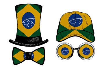 Head accessories. Patriotic clip art set in colors of national flag on white background. Brazil