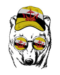 Brown bear's hand drawn portrait. Patriotic sublimation in colors of national flag on white background. Brunei