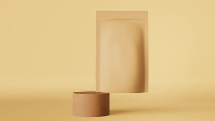 Balancing brown paper pouch bag coffee beans 3D animation podium beige design. Merchandise packaging logo promo. Blank matte kraft product doy pack cosmetics template. Shop sale discount demonstration