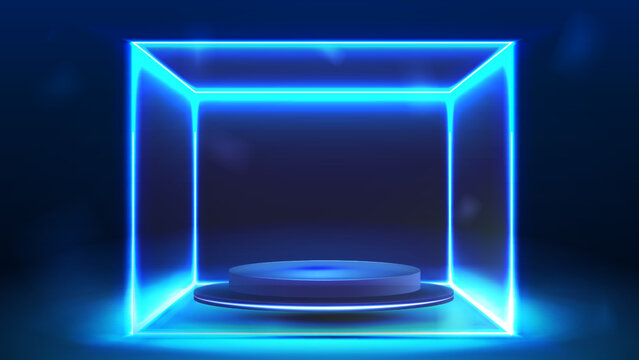 Blue neon cube in dark and blue scene with blue floating in the air empty podium inside