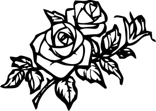 black contour drawing of a flowering branch of a rose with leaves on a white background, isolated element, decor