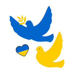 Pair of cute yellow and blue peace doves isolated on white background. Colors of the flag of Ukraine. Vector.