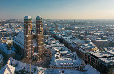 Snow-capped Frauenkirche in Munich, Germany