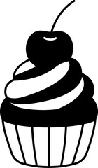 Cup cake with cherry and cream topping Dessert Icon Element illustration Semi-Solid Black and White
