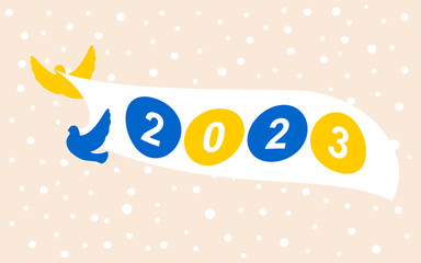 2023 is coming in Ukraine. A pair of cute yellow and blue peace doves on a pink snowy horizontal background. Vector