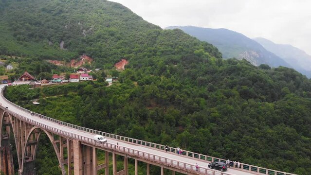 Aerial of Djurdjevica Bridge over Tara river canyon in Montenegro. Grerat tourist attraction and unique architectural structure