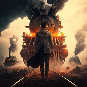 man in front of a steam train in the morning