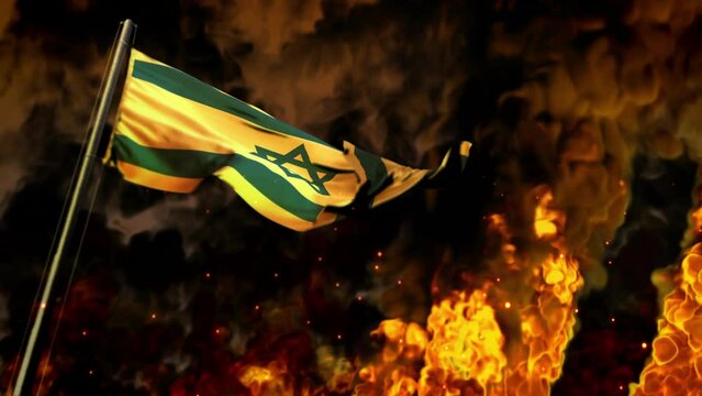 waving Israel flag on burning fire bg - disaster concept