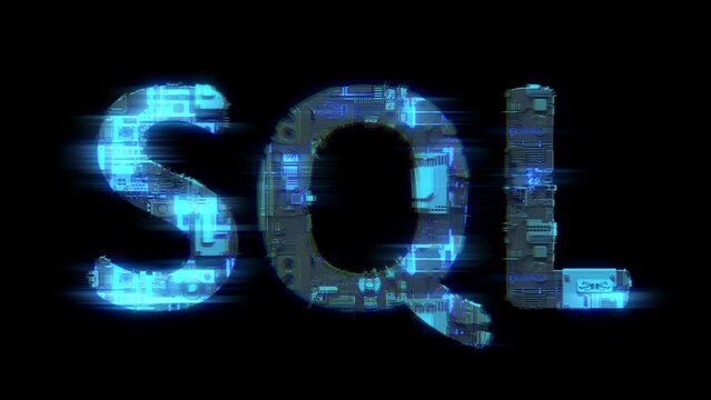 abstract glitch cybernetical text SQL glowing blue electric light, isolated