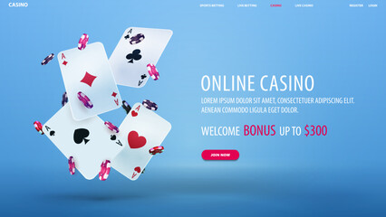 Online casino, blue banner with welcome bonus, button and falling casino poker chips with playing cards