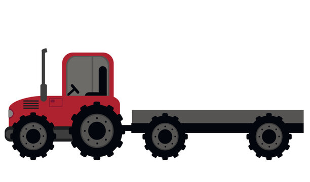 Tractor, red tractor with trailer isolated on white background. Sowing season or Agriculture concept. vector illustration.