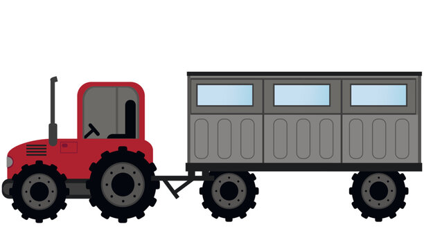 Tractor, red tractor with trailer isolated on white background. Sowing season or Agriculture concept. vector illustration.