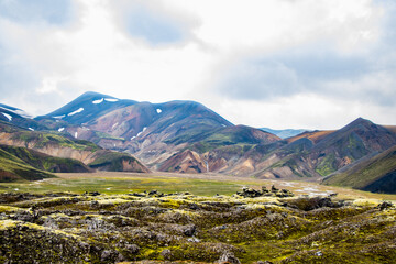 Colourful Mountains, Green Moss, Geothermal Pools, Beautiful Volcano Valley Landmannalaugar, Iceland