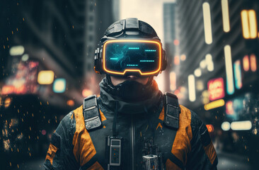  Illustration of person wearing VR headset, cyberpunk vibe,biopunk