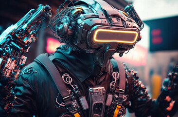 Fototapeta na wymiar Illustration of person wearing VR headset, cyberpunk vibe,biopunk