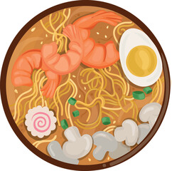 Ramen with noodles, shrimp, egg, and mushroom. Asian food. Doodle cartoon illustration for menu, and banner