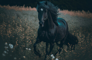 horse running,horse in the flora,horse in the field,black horse