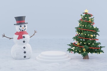 Merry Christmas 3d product platform podium presentation display with snowman, Christmas tree, white, snow, green, golden ball and glowing star.