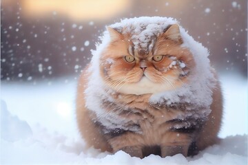 Cat in snow. AI generated art illustration.