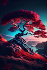 Fototapeta na wymiar Tree in the sunset. AI generated art illustration.