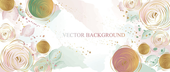Vector poster with golden plants and flowers on a watercolor background. Abstract background.	