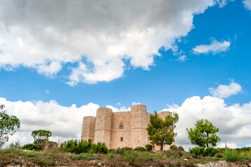 Exterior view of the octagonal "Castel del Monte" (Castle of the Mountain) near Andria, Puglia, Italy, a 13th-century citadel and castle built by Emperor Frederick II. World Heritage site since 1996.