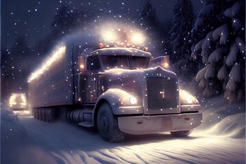 Truck in the snow. AI generated art illustration.	
