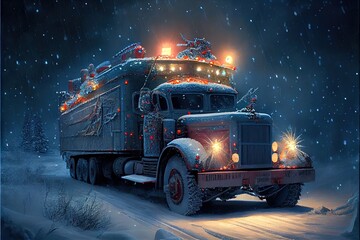Truck in the snow. AI generated art illustration.	
