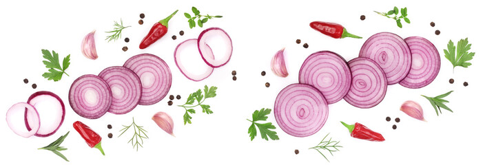 onions, garlic, hot pepper and spices isolated on white background. Top view