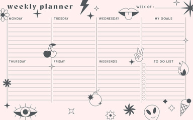Vector weekly planner template with y2k patches,icons and emblems.Organizer and schedule with place for notes,goals and to do list.Trendy layout in 90s aesthetic.Abstract modern design.