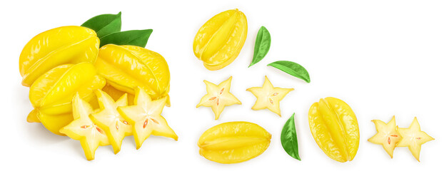 Carambola or star-fruit isolated on white background with copy space for your text. Top view. Flat lay