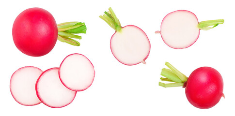 fresh whole and sliced radishes isolated on white background with copy space for your text. Top view