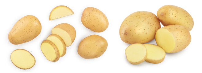 Young potato isolated on white background. Harvest new. Top view. Flat lay,