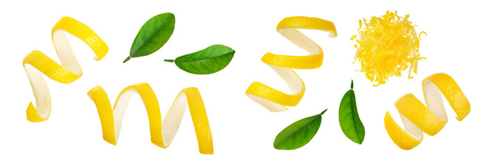 Lemon peel with leaf isolated on white background without a shadow. Healthy food