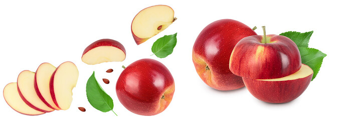 Red apple with half isolated on white background with full depth of field. Top view. Flat lay with copy space for your text
