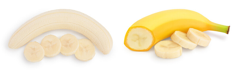 peeled banana isolated on white background with full depth of field. Top view. Flat lay.